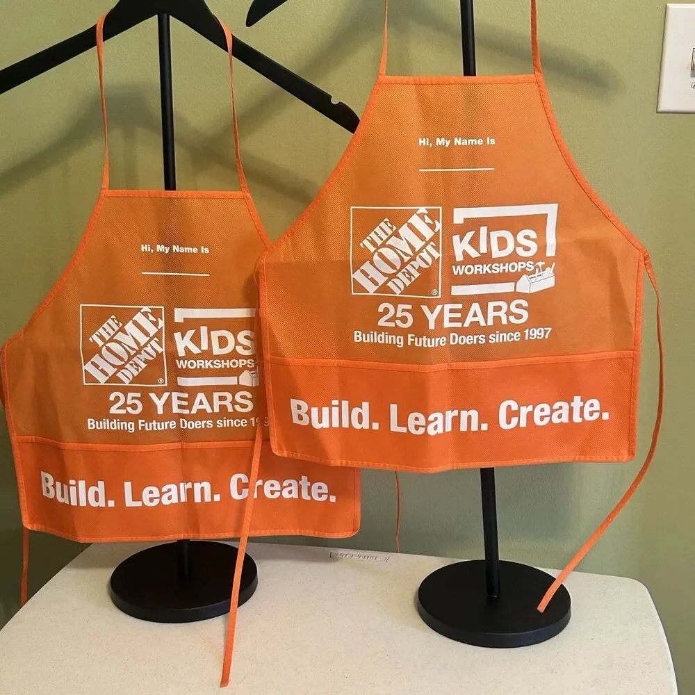 2 New Home Depot Apron Kid Workshop Build Learn Create Child Orange HD Craft Toy